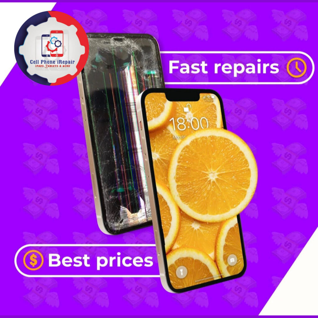 cell phone irepair logo with iphone next to it displaying words like fast repairs and best prices